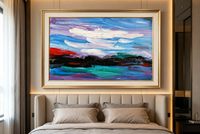 Abstract landscape oil painting with blue sky, white clouds, dark bands and teal blocks