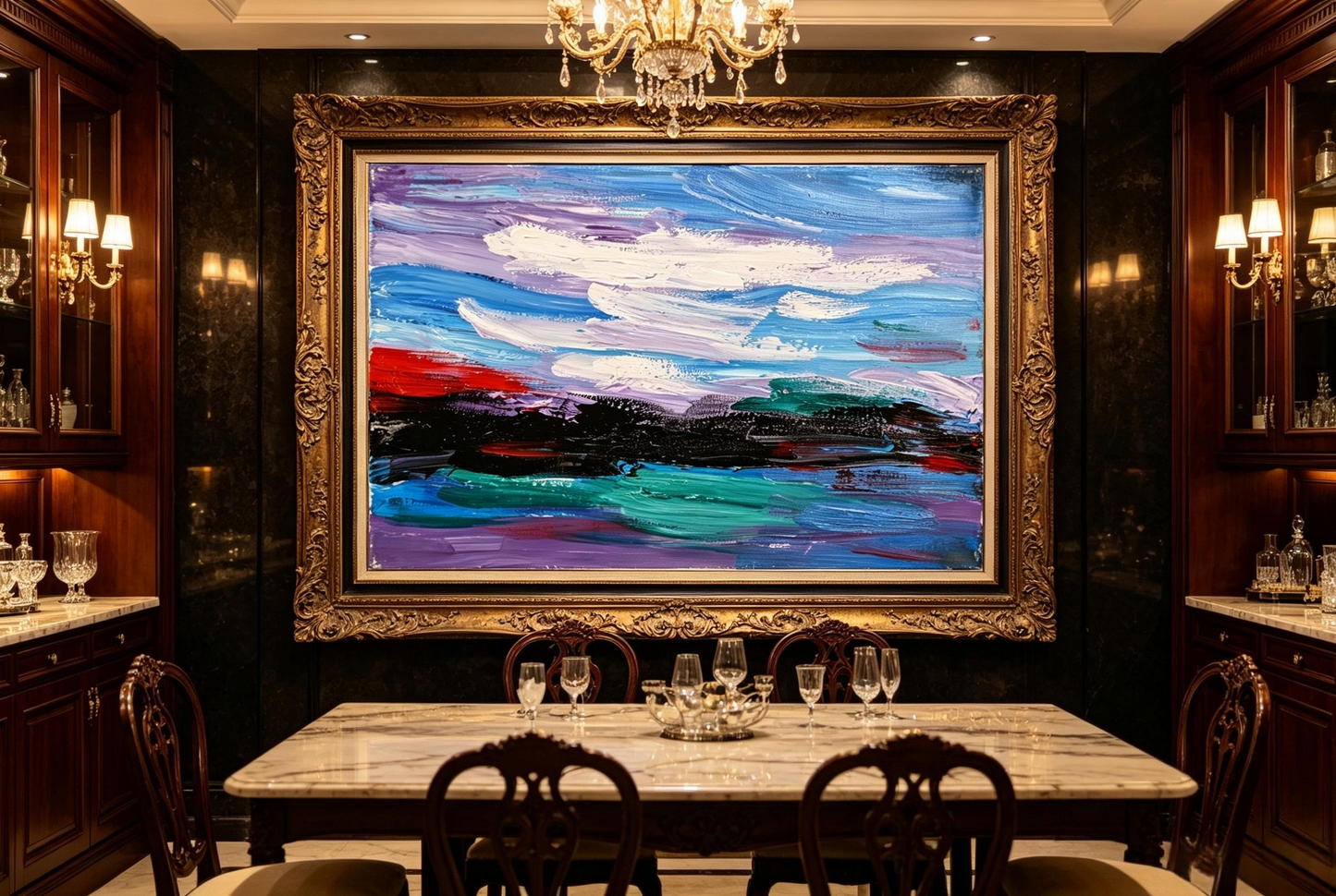 Abstract landscape oil painting with blue sky, white clouds, dark bands and teal blocks