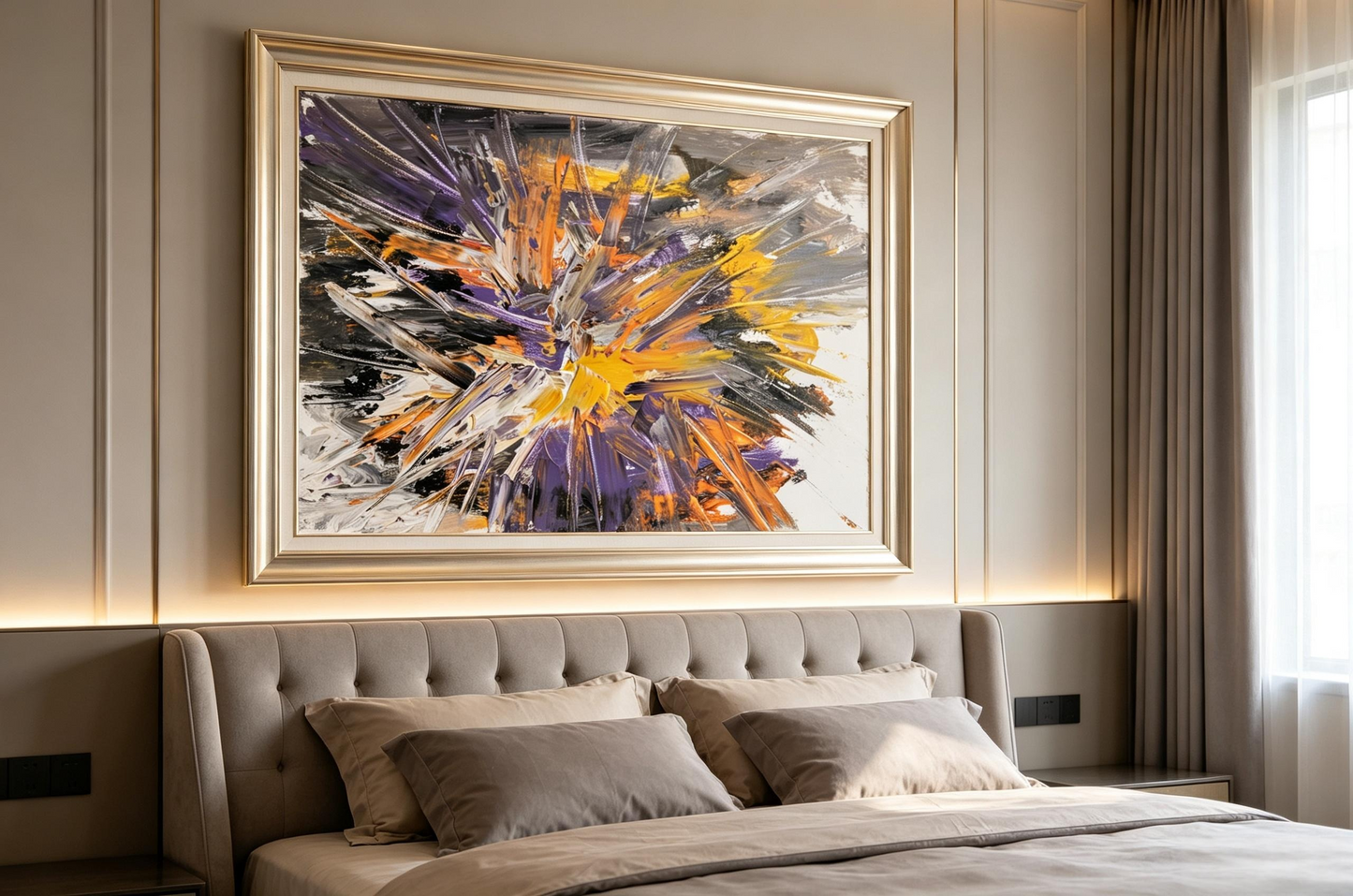 Abstract oil painting with radiating orange, yellow and purple strokes bursting from the center