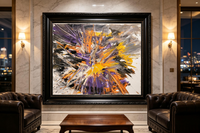 Abstract oil painting with radiating orange, yellow and purple strokes bursting from the center