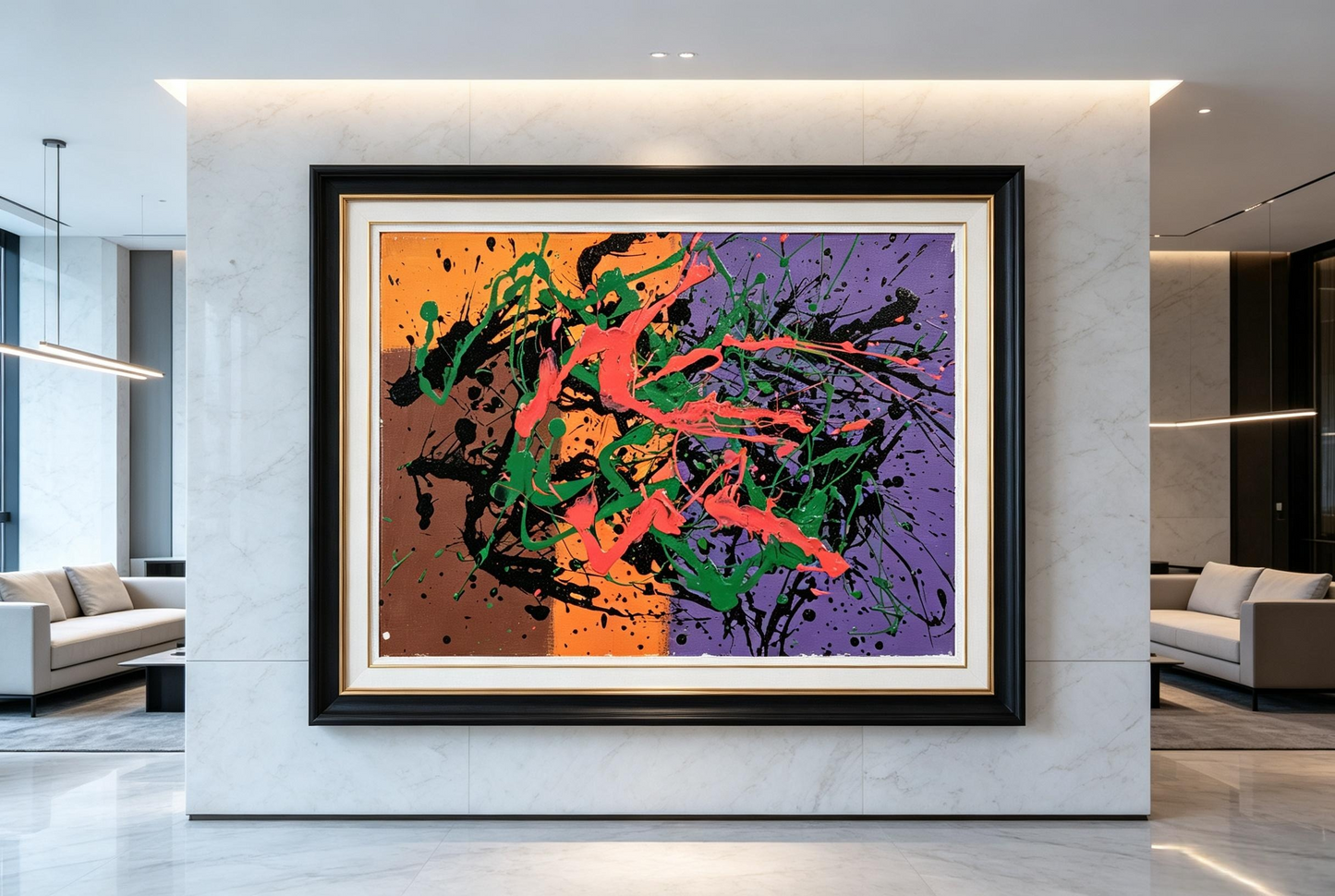 Abstract oil painting with orange-brown and purple halves, black splatters and green and pink strokes