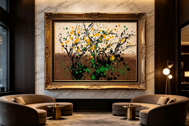 Abstract oil painting with black branching splashes and yellow and green dots on a cream and brown ground