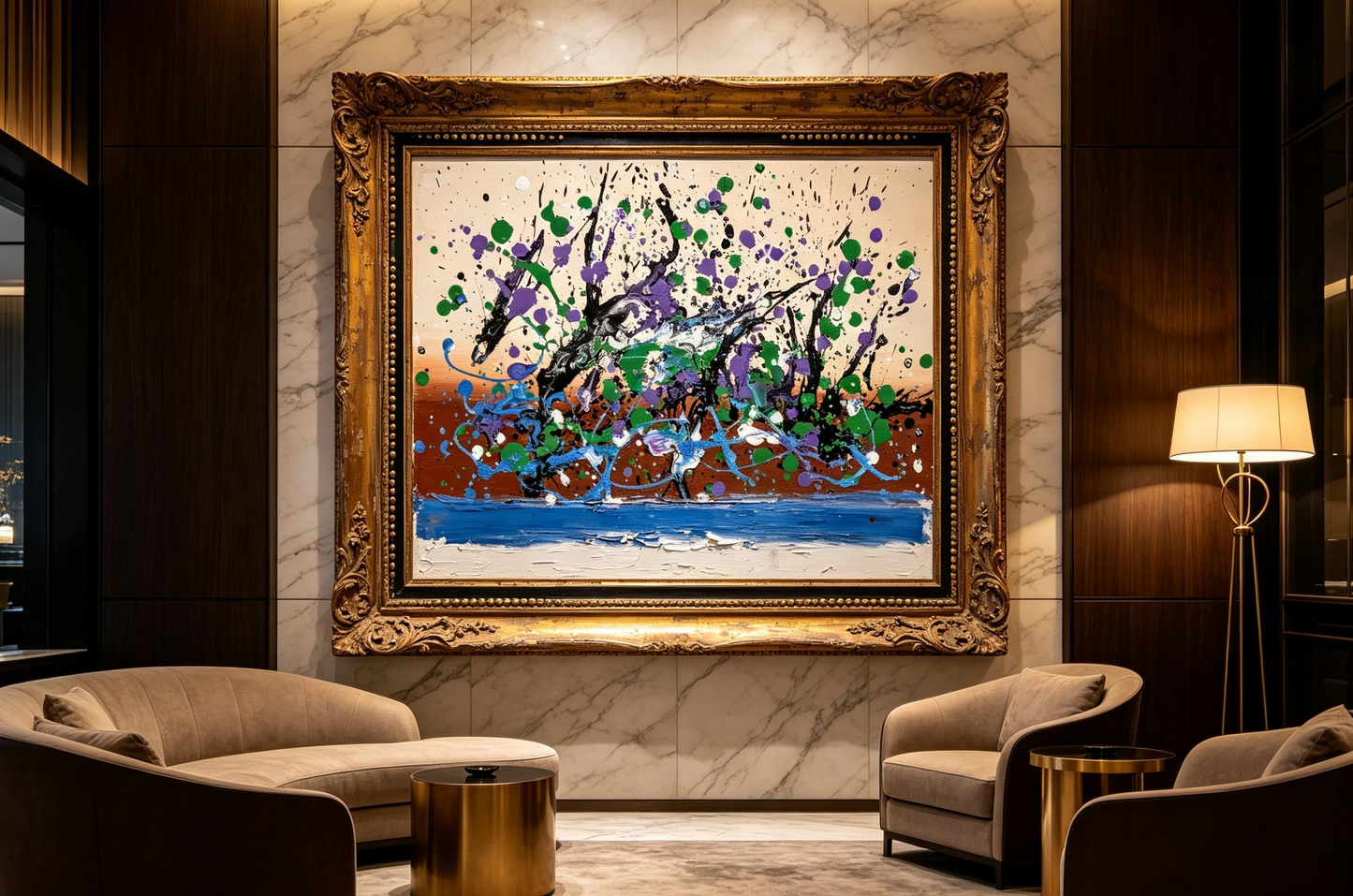 Abstract oil painting with black branch-like strokes, green and purple splatters, and blue flowing lines on a cream and brown ground