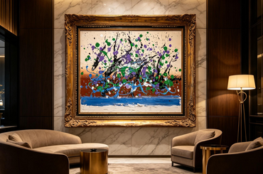 Abstract oil painting with black branch-like strokes, green and purple splatters, and blue flowing lines on a cream and brown ground