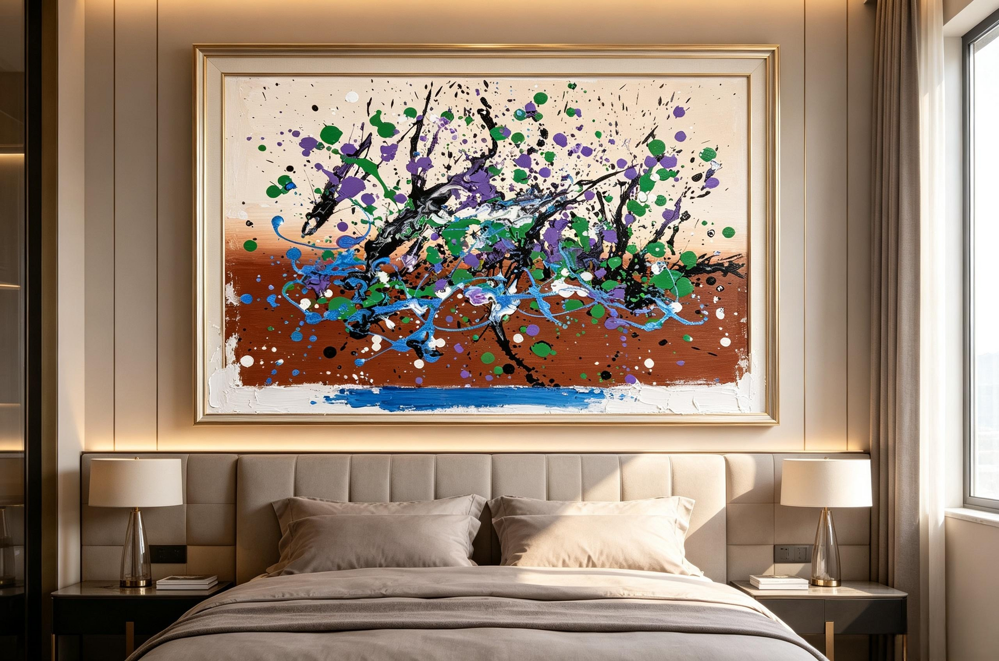 Abstract oil painting with black branch-like strokes, green and purple splatters, and blue flowing lines on a cream and brown ground