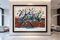 Abstract oil painting with black branch-like strokes, green and purple splatters, and blue flowing lines on a cream and brown ground