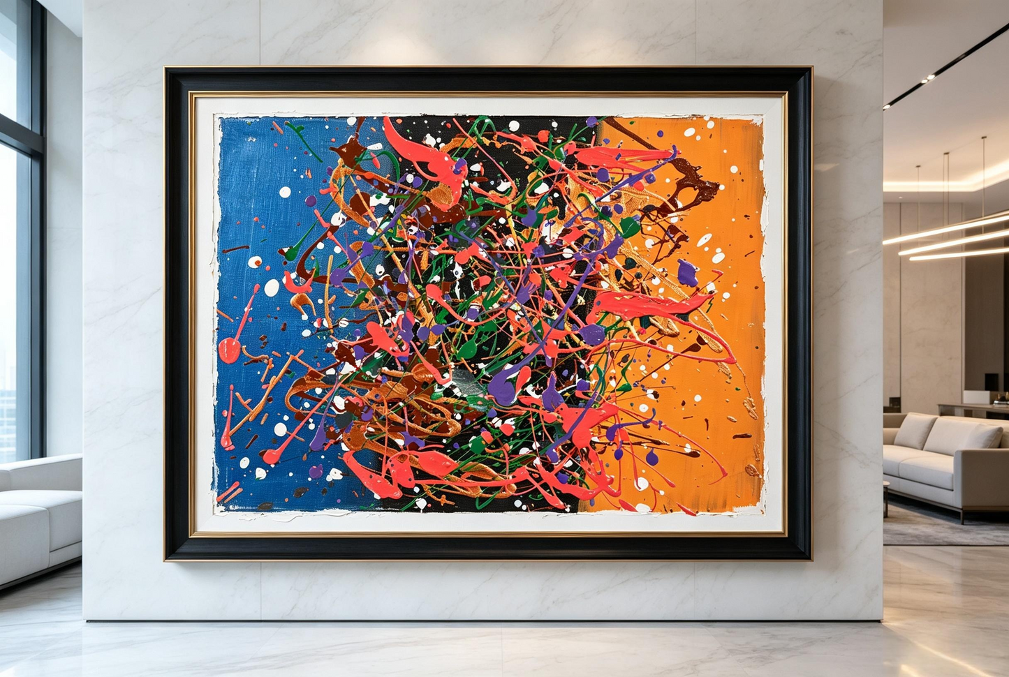 Drip oil painting with a split blue and orange ground, dense red, violet, green, and brown splatters, and scattered white flecks