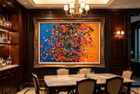 Drip oil painting with a split blue and orange ground, dense red, violet, green, and brown splatters, and scattered white flecks
