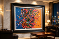 Drip oil painting with a split blue and orange ground, dense red, violet, green, and brown splatters, and scattered white flecks