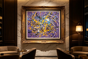 Abstract oil painting with gold and blue drips over a deep purple background