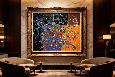 Abstract oil painting with colorful drips over black, brown, orange and purple blocks