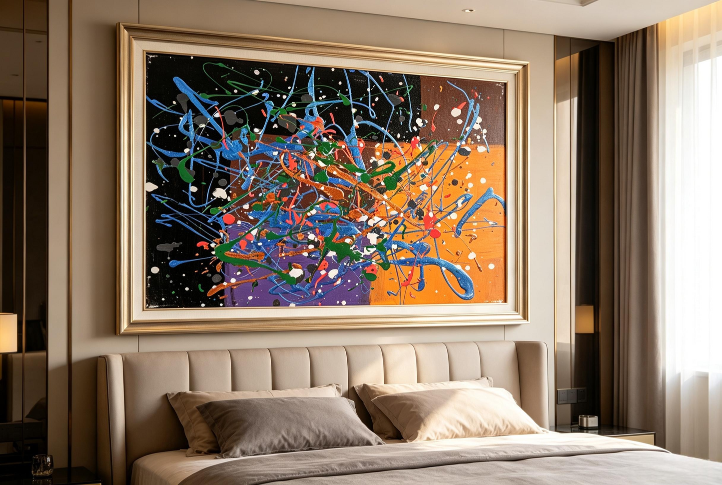Abstract oil painting with colorful drips over black, brown, orange and purple blocks