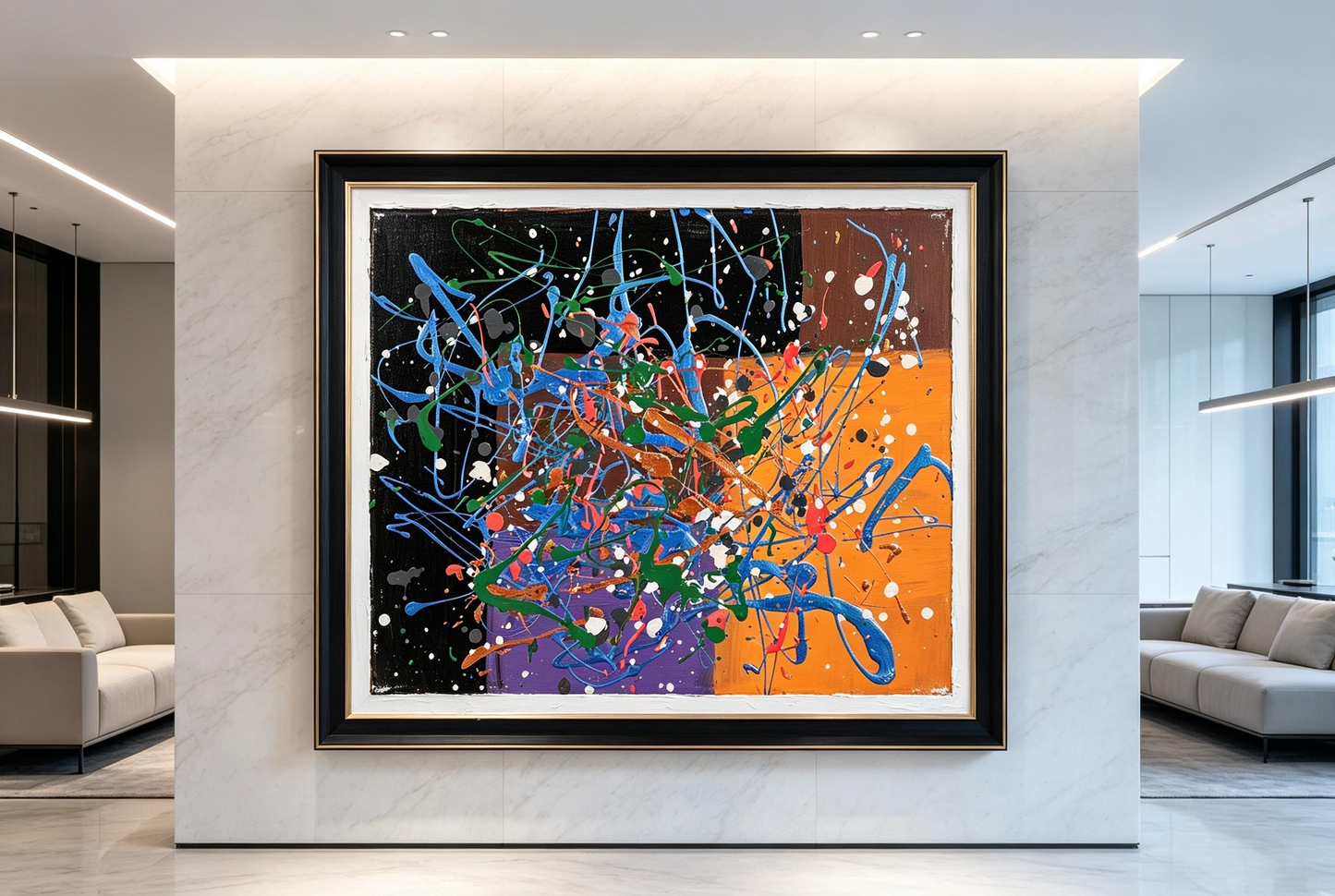 Abstract oil painting with colorful drips over black, brown, orange and purple blocks