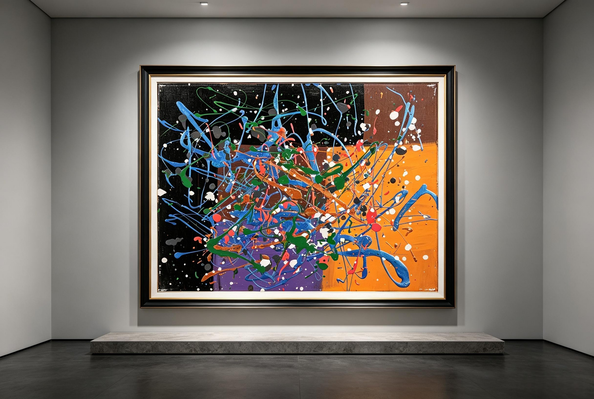 Abstract oil painting with colorful drips over black, brown, orange and purple blocks