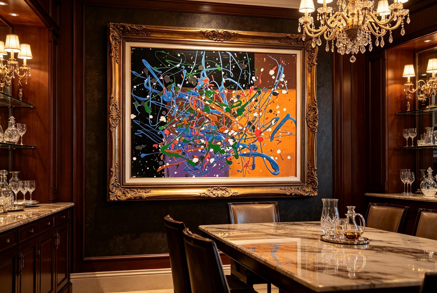 Abstract oil painting with colorful drips over black, brown, orange and purple blocks