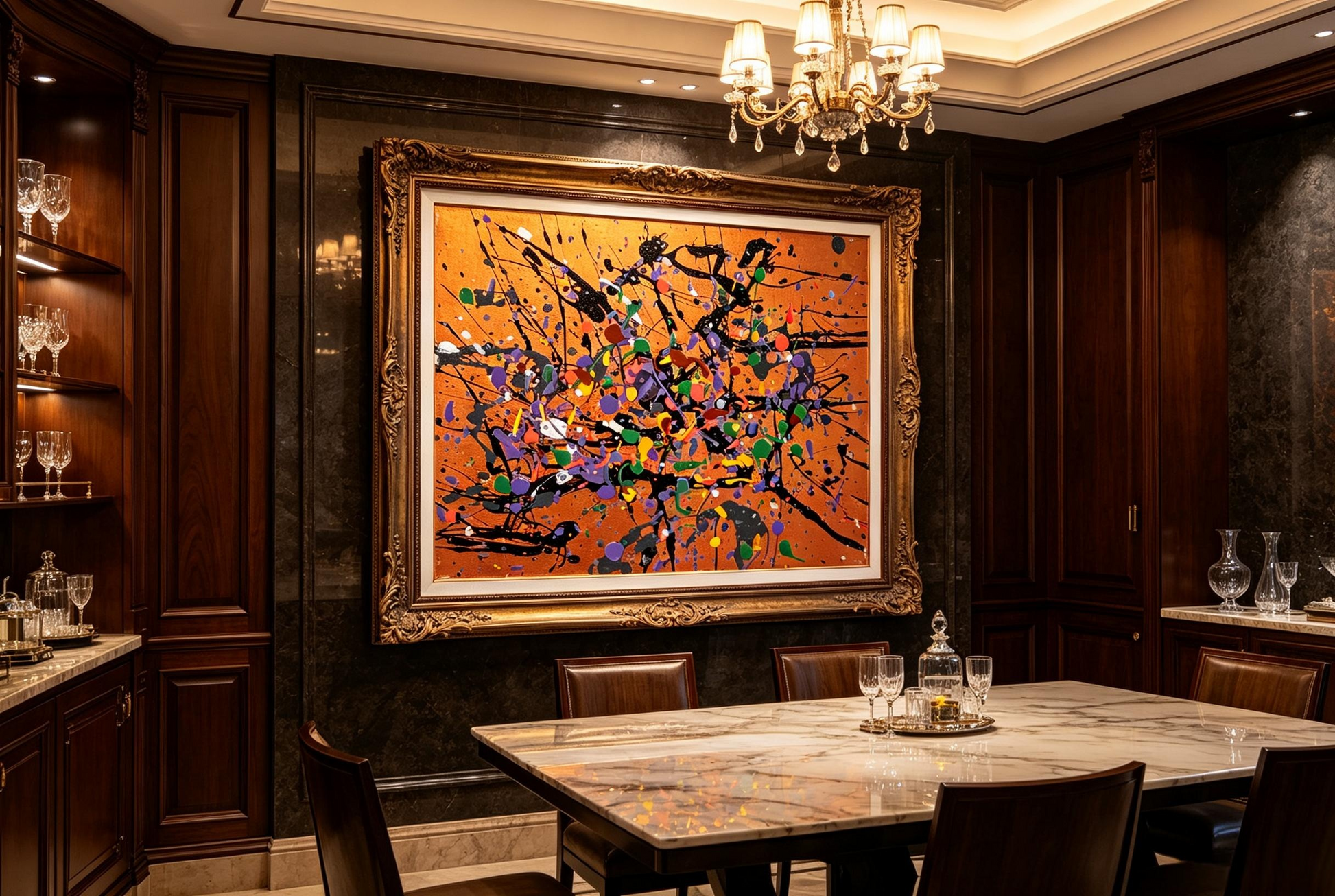 Abstract oil painting with colorful dots and black splatters over a warm brown background