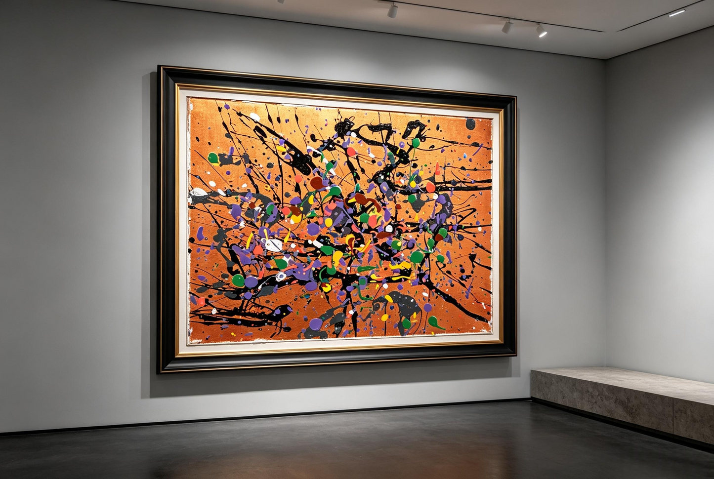 Abstract oil painting with colorful dots and black splatters over a warm brown background