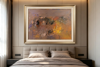 Abstract oil painting in muted brown and gray tones with soft dark and ochre strokes