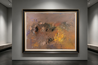 Abstract oil painting in muted brown and gray tones with soft dark and ochre strokes