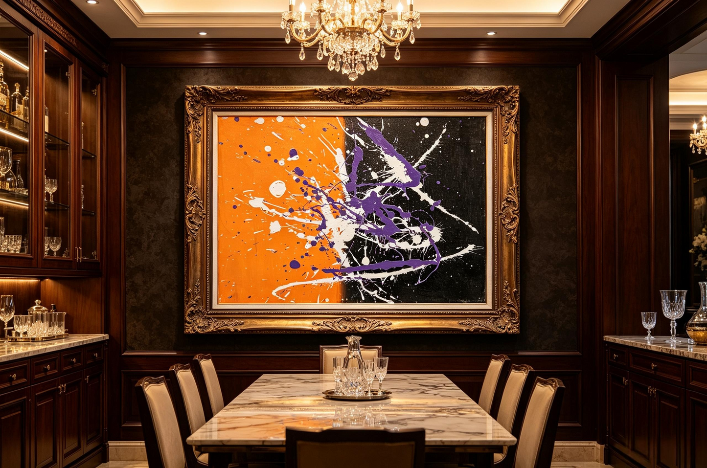 Abstract oil painting with orange and black split background and purple white splashes