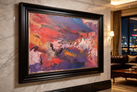 Misty abstract oil painting in purple and pink with orange and white accents