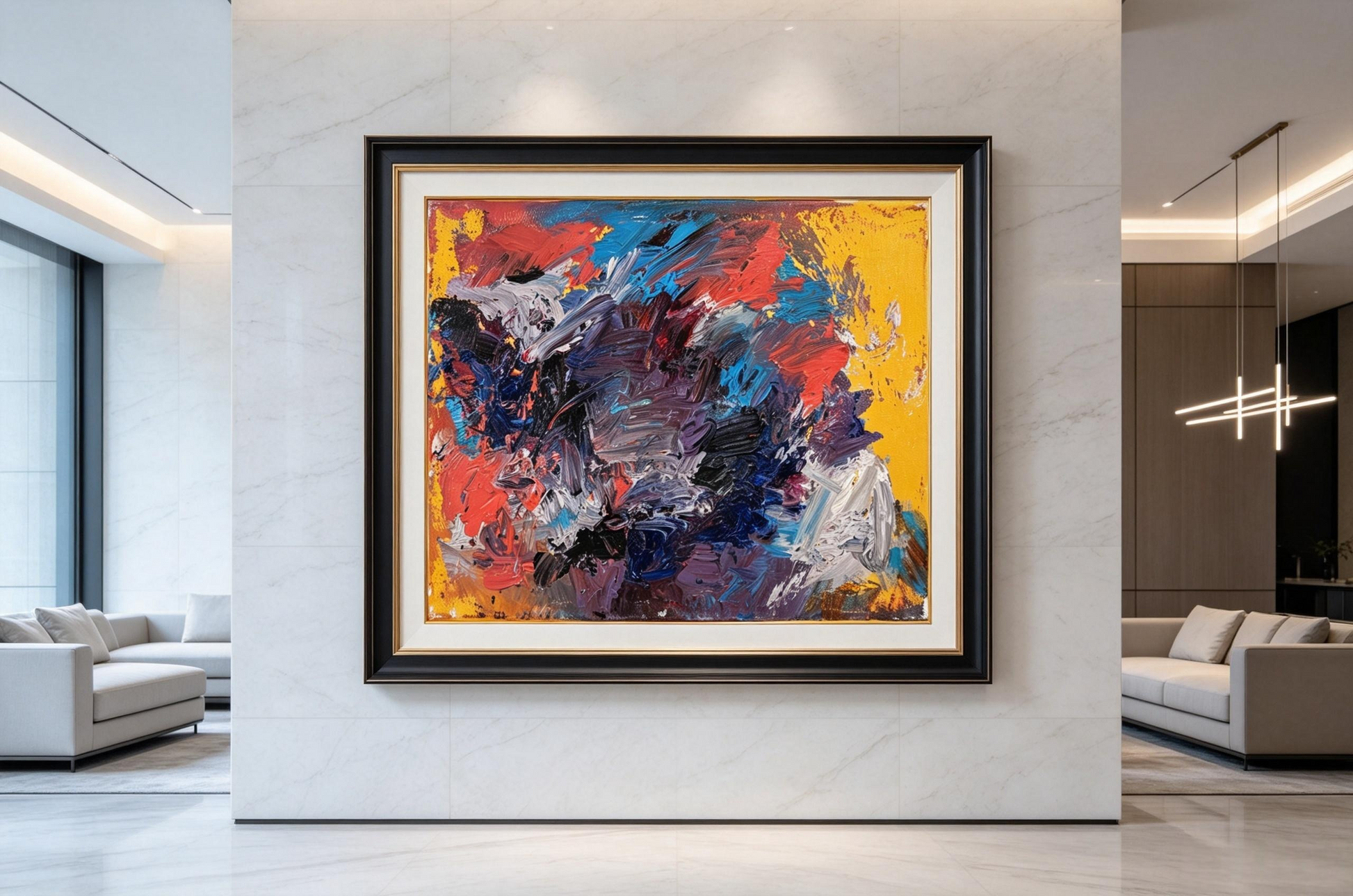 Abstract oil painting with bright yellow background and thick red, blue, purple, and black strokes