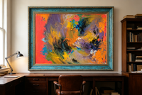 Abstract oil painting with swirling gold, violet, and blue strokes framed by coral red edges