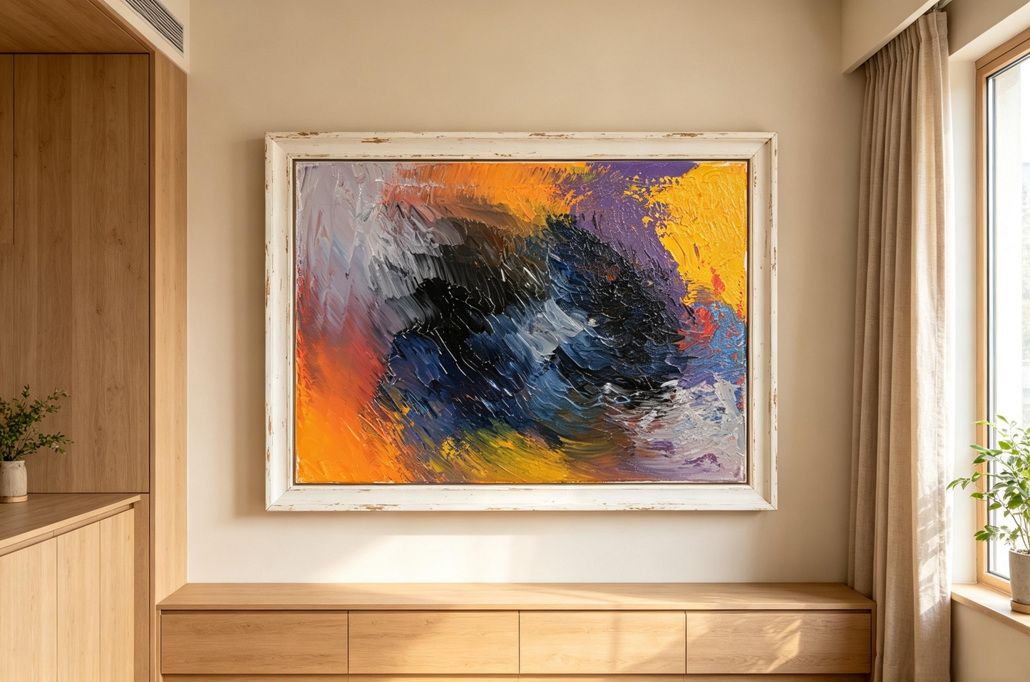 Abstract oil painting with dark blue-black vortex and sweeping orange, yellow, and violet edges
