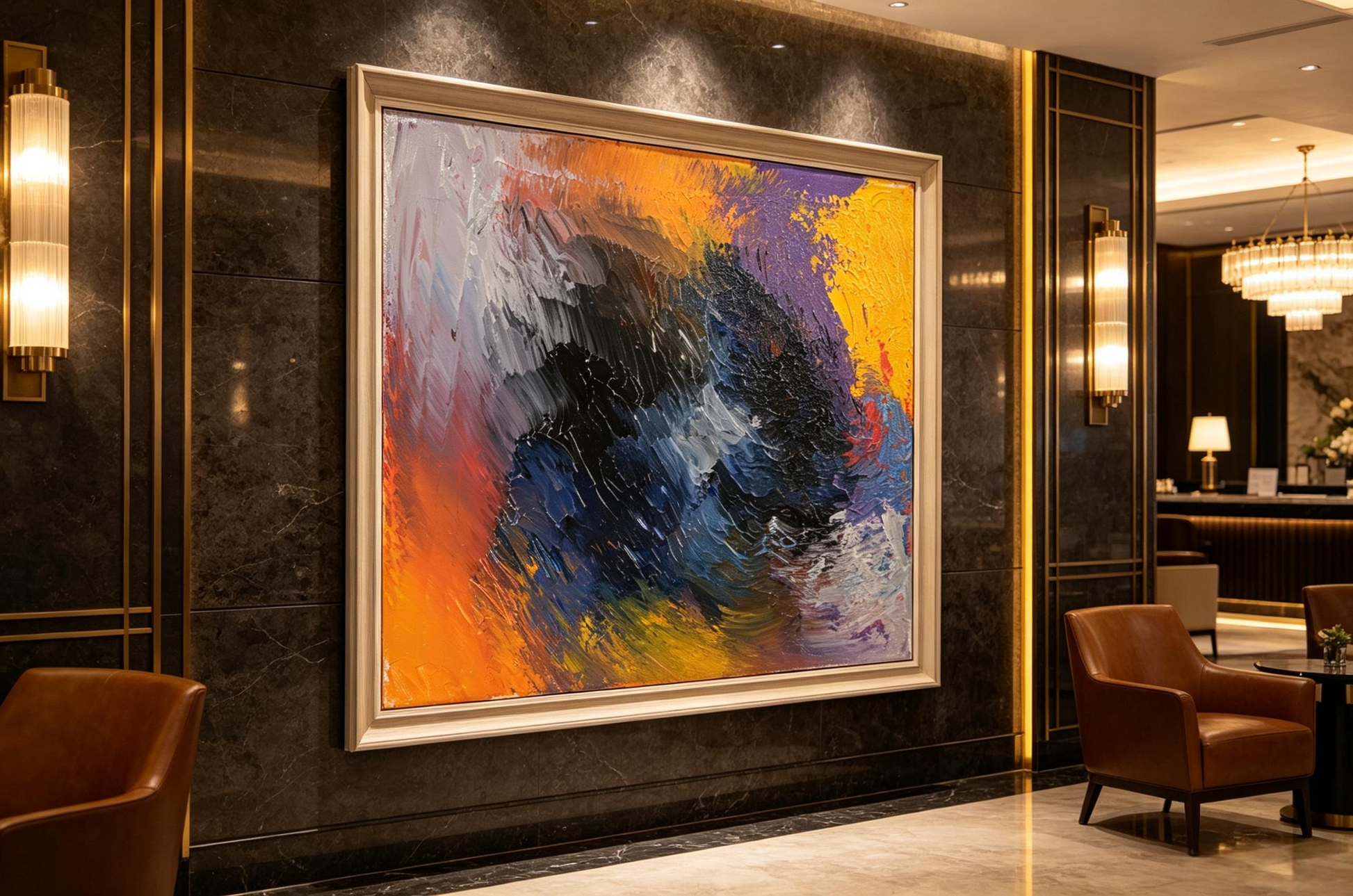 Abstract oil painting with dark blue-black vortex and sweeping orange, yellow, and violet edges