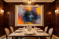 Abstract oil painting with dark blue-black vortex and sweeping orange, yellow, and violet edges