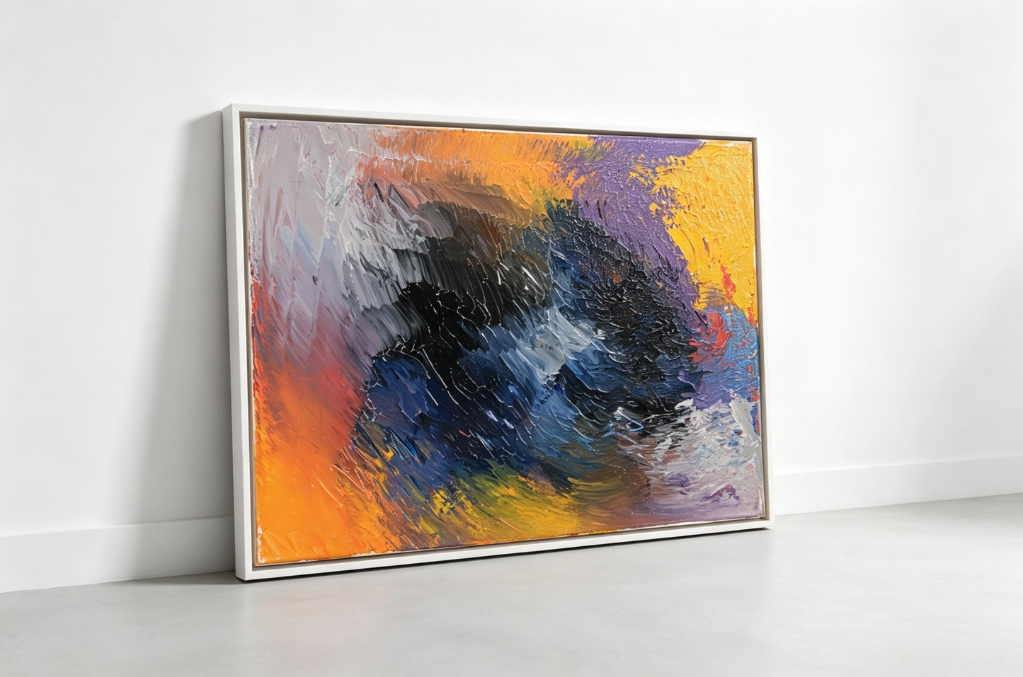 Abstract oil painting with dark blue-black vortex and sweeping orange, yellow, and violet edges