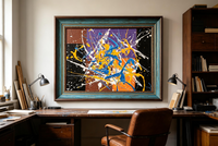 Abstract oil painting with blue, yellow, and white splatter lines over purple, brown, black, and orange blocks