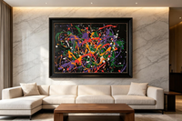 Abstract oil painting with multicolor paint splatters and drips across a black background