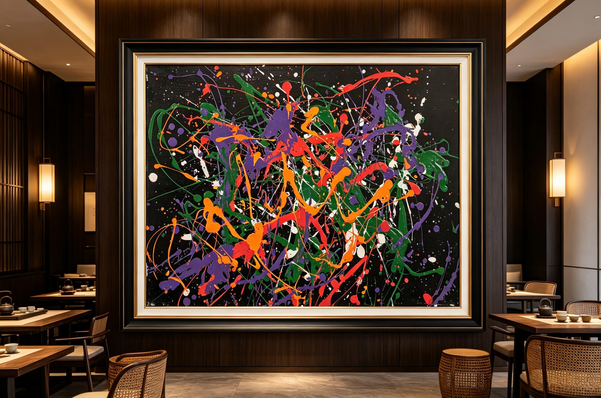 Abstract oil painting with multicolor paint splatters and drips across a black background