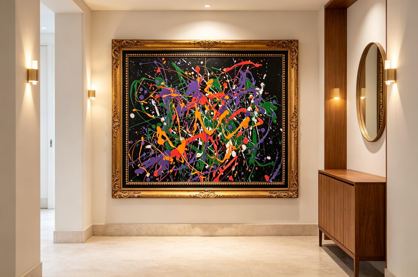 Abstract oil painting with multicolor paint splatters and drips across a black background
