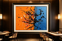 Abstract oil painting with orange and blue halves and black branch-like splatters across the center