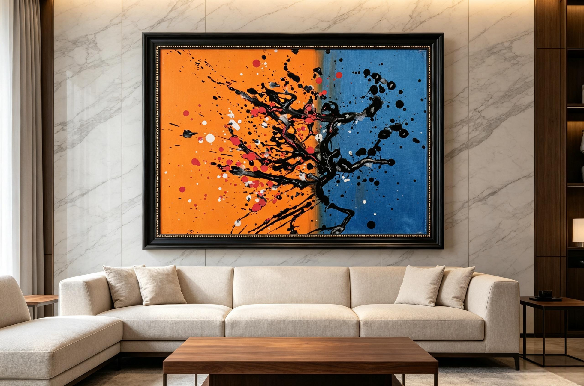 Abstract oil painting with orange and blue halves and black branch-like splatters across the center