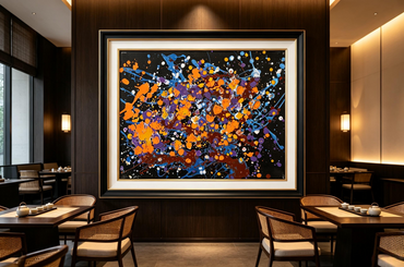 Abstract oil painting with orange, purple and blue splatters radiating outward on a black ground
