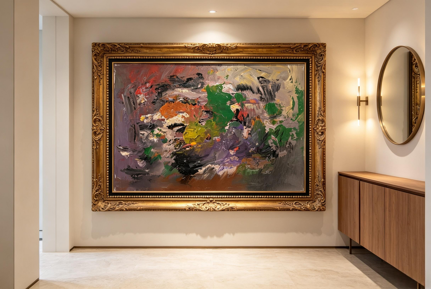 Abstract oil painting with layered muted strokes of grey, deep green, ochre and dark red