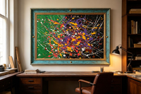 Abstract oil painting with green and black background and colorful splatter lines