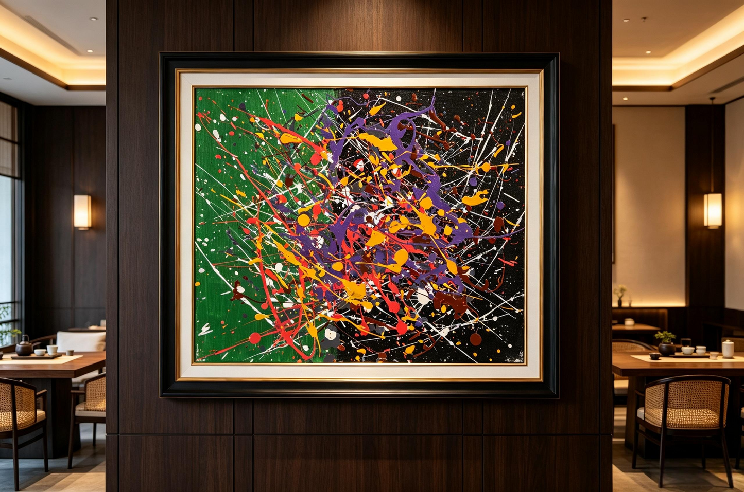 Abstract oil painting with green and black background and colorful splatter lines