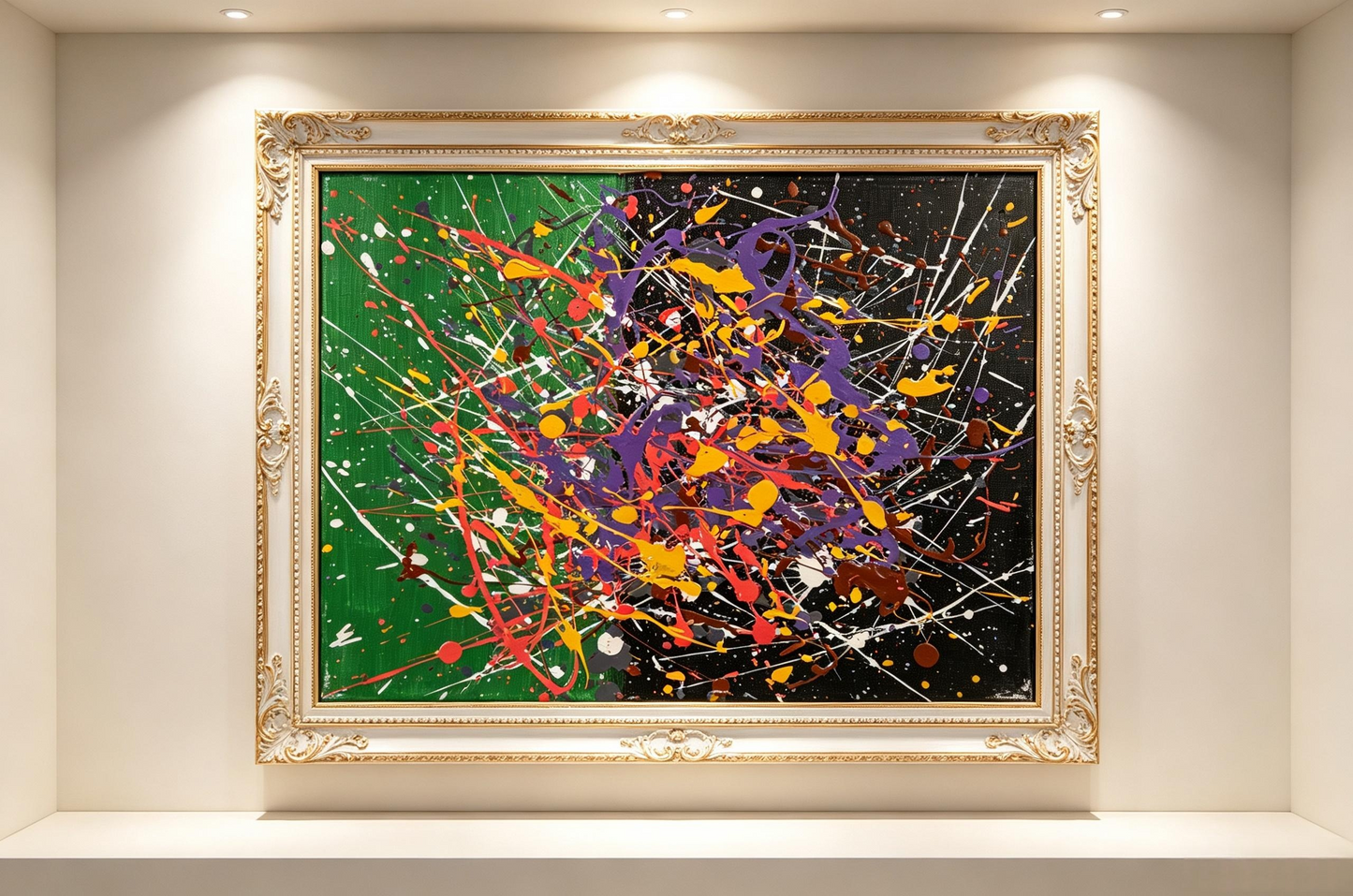 Abstract oil painting with green and black background and colorful splatter lines