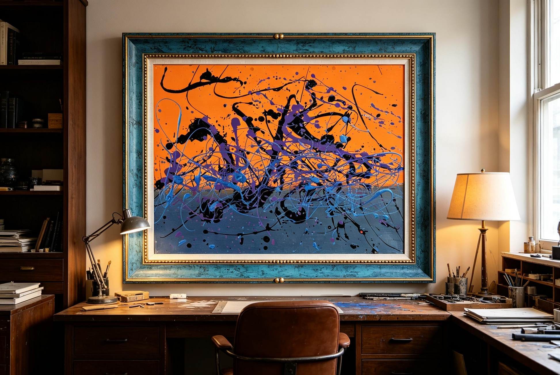 Abstract oil painting with orange background, gray base, and black blue purple drips