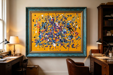 Abstract oil painting with golden yellow background and multicolor splatter layers