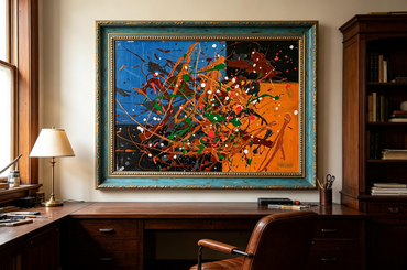 Abstract oil painting with blue black orange blocks and brown green red white splatters