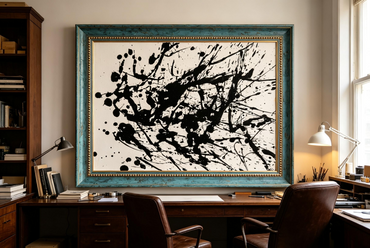 Abstract oil painting with white background and dense black splatter drips