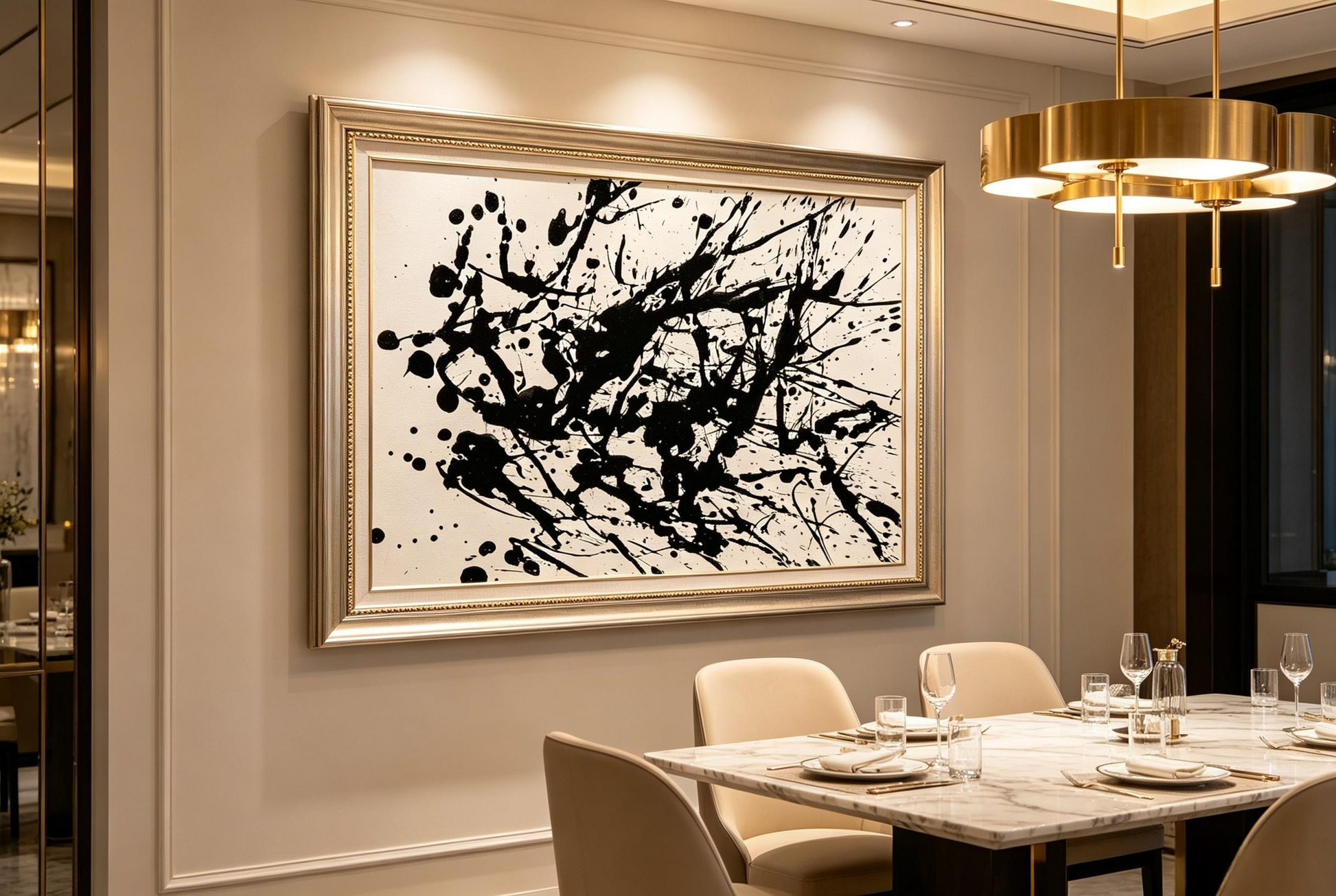 Abstract oil painting with white background and dense black splatter drips
