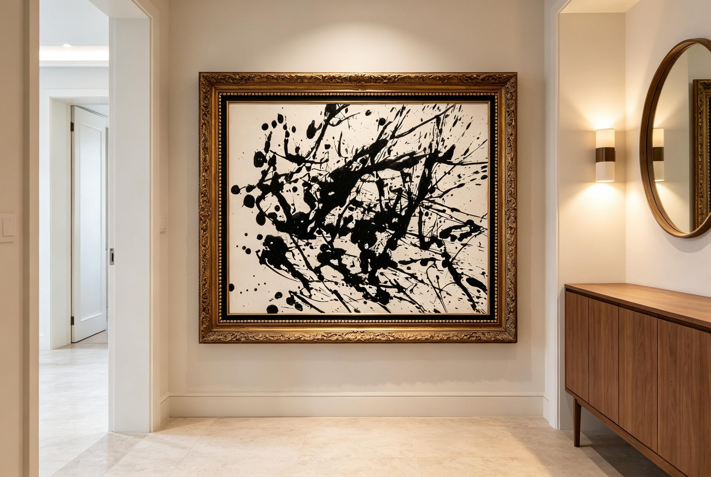 Abstract oil painting with white background and dense black splatter drips