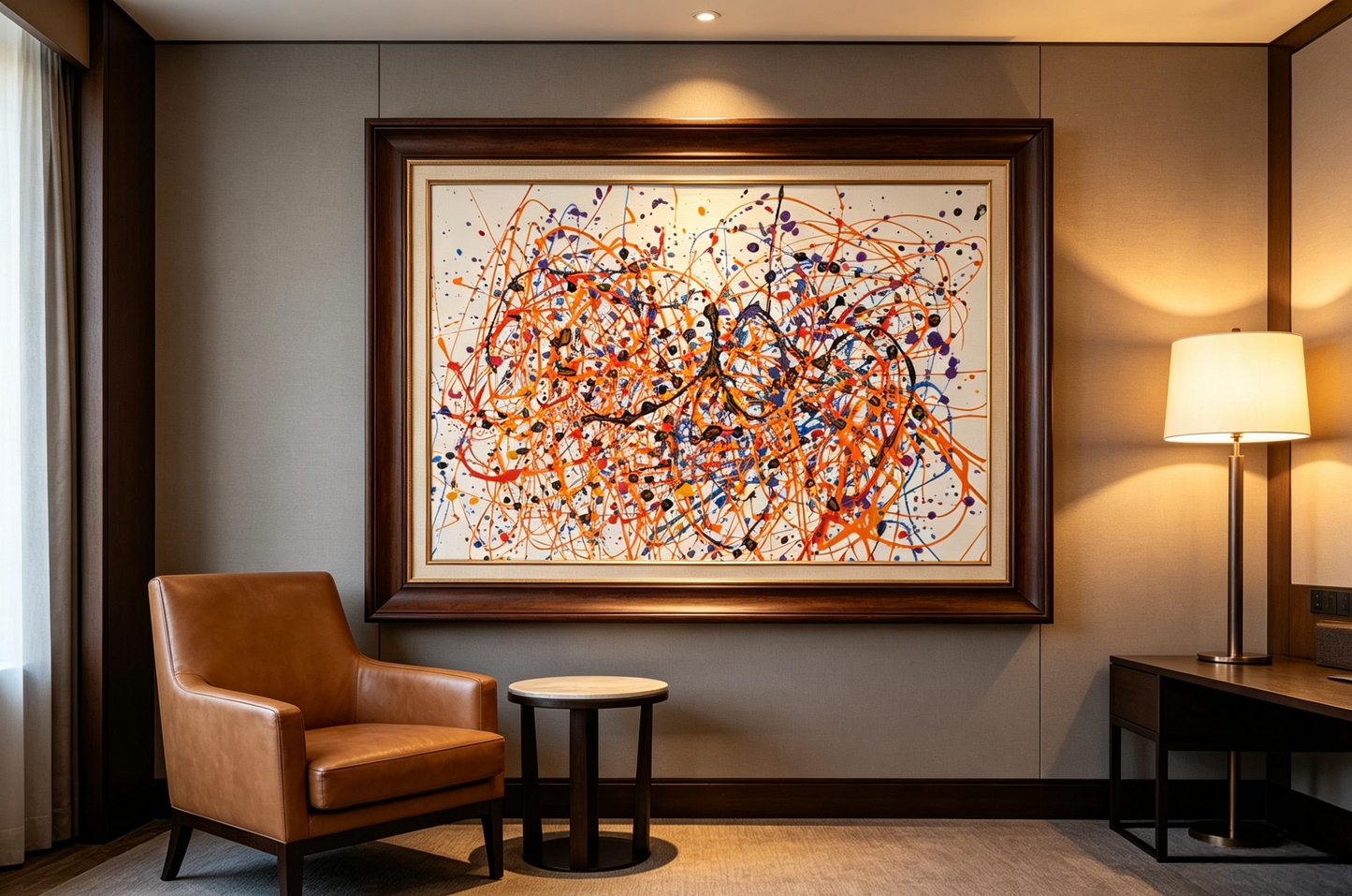 Abstract oil painting with colorful splatter lines in orange, purple, blue and black on white canvas