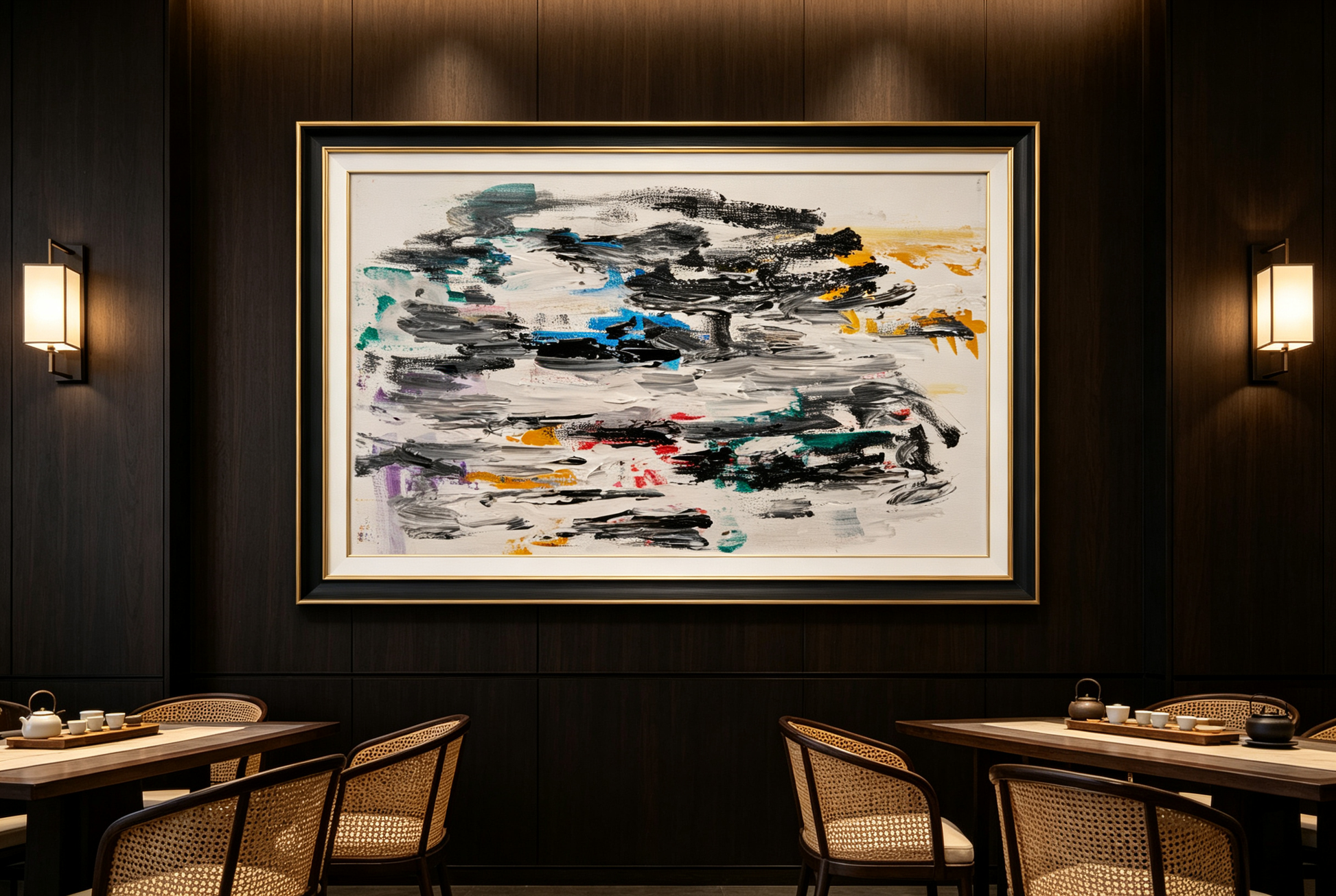 Abstract oil painting with black and grey brushstrokes and teal, blue, yellow accents on light background